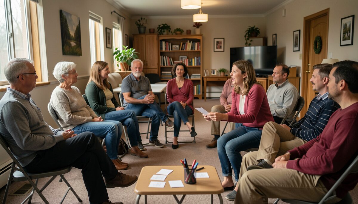 A post film discussion where plain sentence starters help the group describe before judging. Illustrative image, generated with AI.