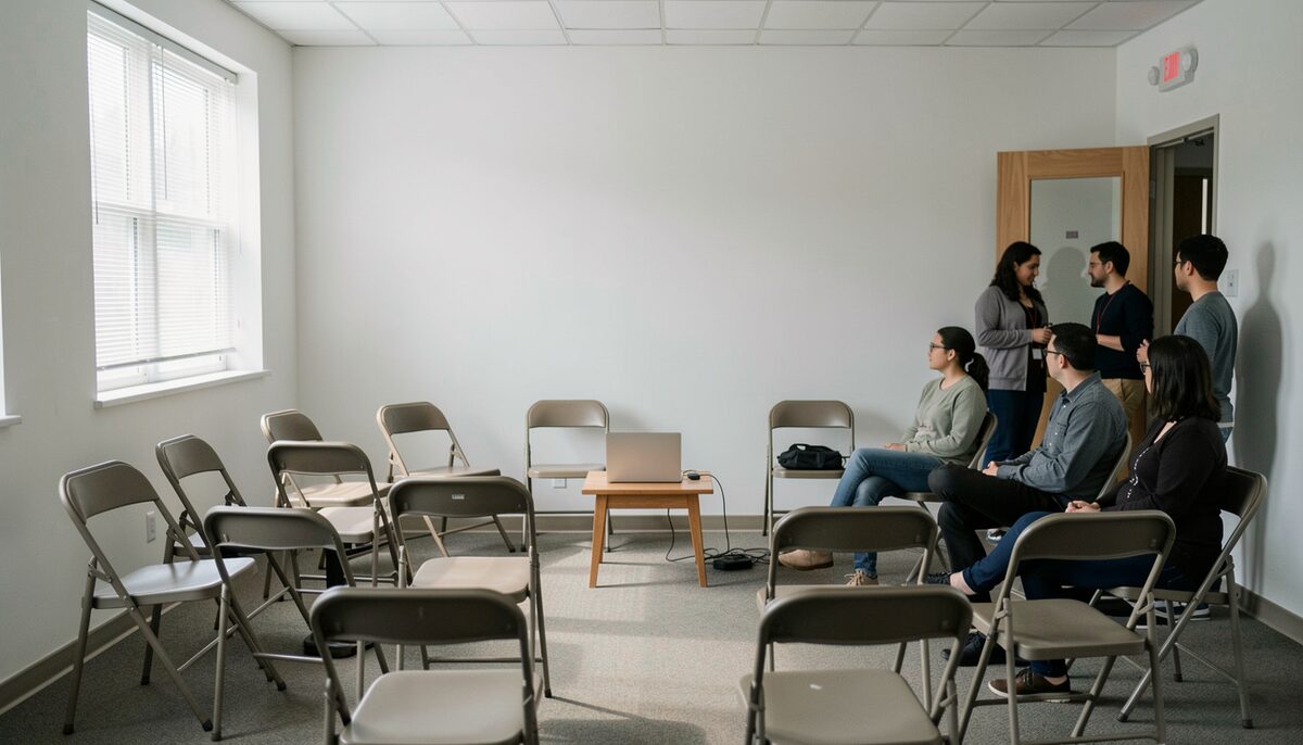 An informal screening setup where a short film discussion might begin. Illustrative image, generated with AI.