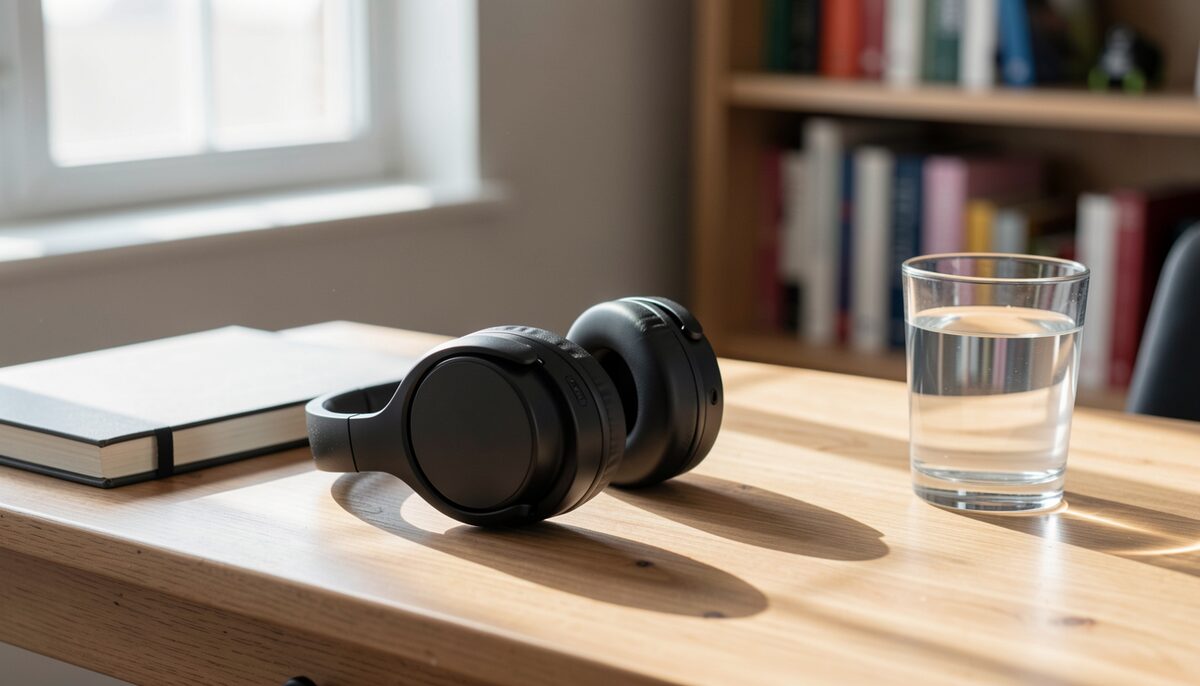 Headphones and a notebook ready for a quiet listening session. Illustrative image, generated with AI.