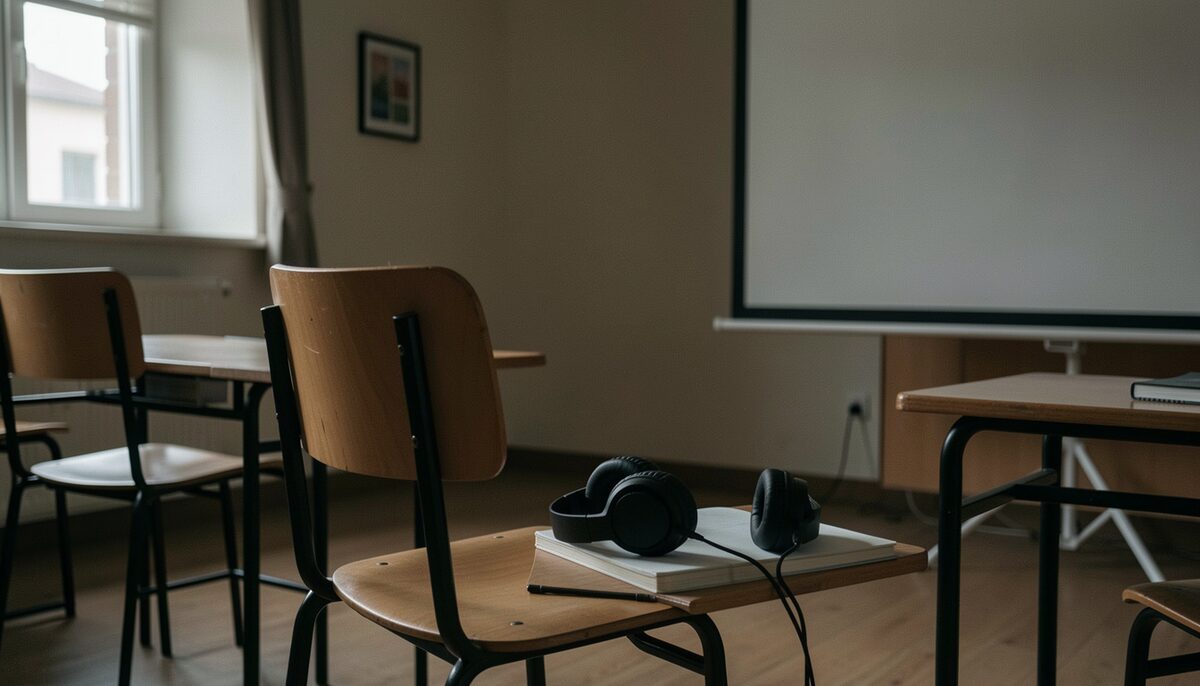 An empty chair and switched-off projector after a group screening. Illustrative image, generated with AI.